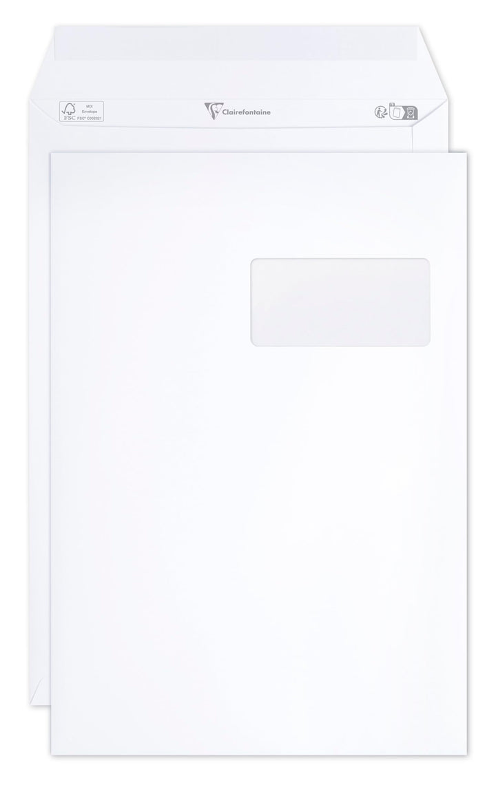 Clairefontaine 10250C - Karton mit 250 Versandtaschen weiss C4-229x324 mm, selbstklebend,120g, mit S