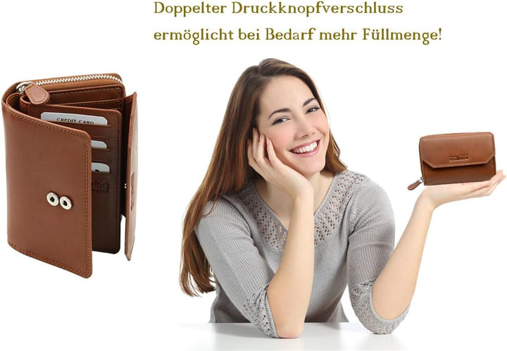 Damen Geldbörse Cognac gross Leder Geldbeutel mittelgross braun Damengeldbörse viele Fächer Portemon