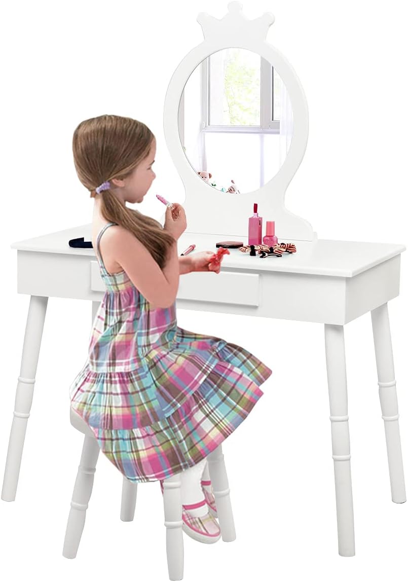 GOPLUS Kinder Schminktisch mit Hocker, Mädchen Frisiertisch mit Spiegel, Kosmetiktisch Kinder mit Sc