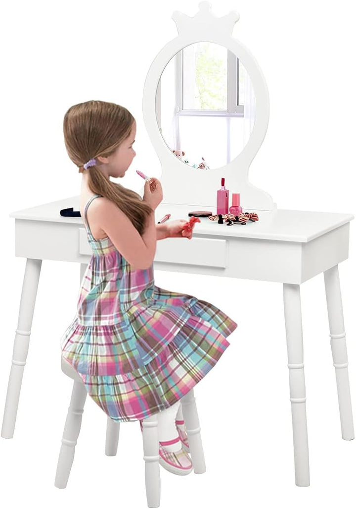 GOPLUS Kinder Schminktisch mit Hocker, Mädchen Frisiertisch mit Spiegel, Kosmetiktisch Kinder mit Sc