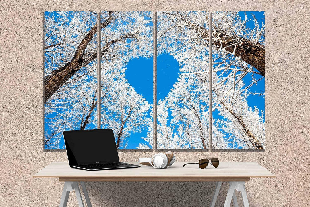 Leinwandbild, Herz-Baum mit blauem Himmel, 4-teilig, moderne Bilder, Heimbüro-Dekoration, gerahmtes