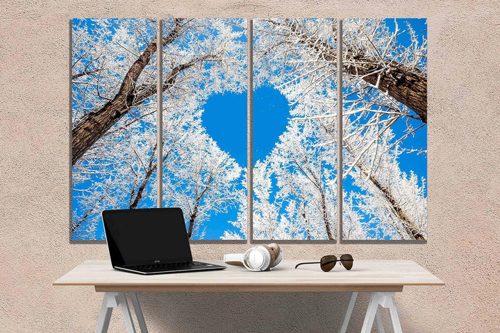 Leinwandbild, Herz-Baum mit blauem Himmel, 4-teilig, moderne Bilder, Heimbüro-Dekoration, gerahmtes