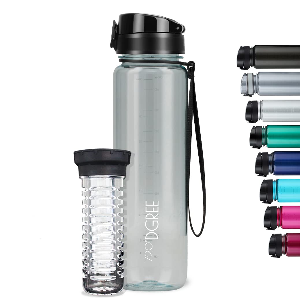 720°DGREE Trinkflasche 1l “uberBottle“ crystalClear +Früchtebehälter - BPA-Frei, Auslaufsicher - Was