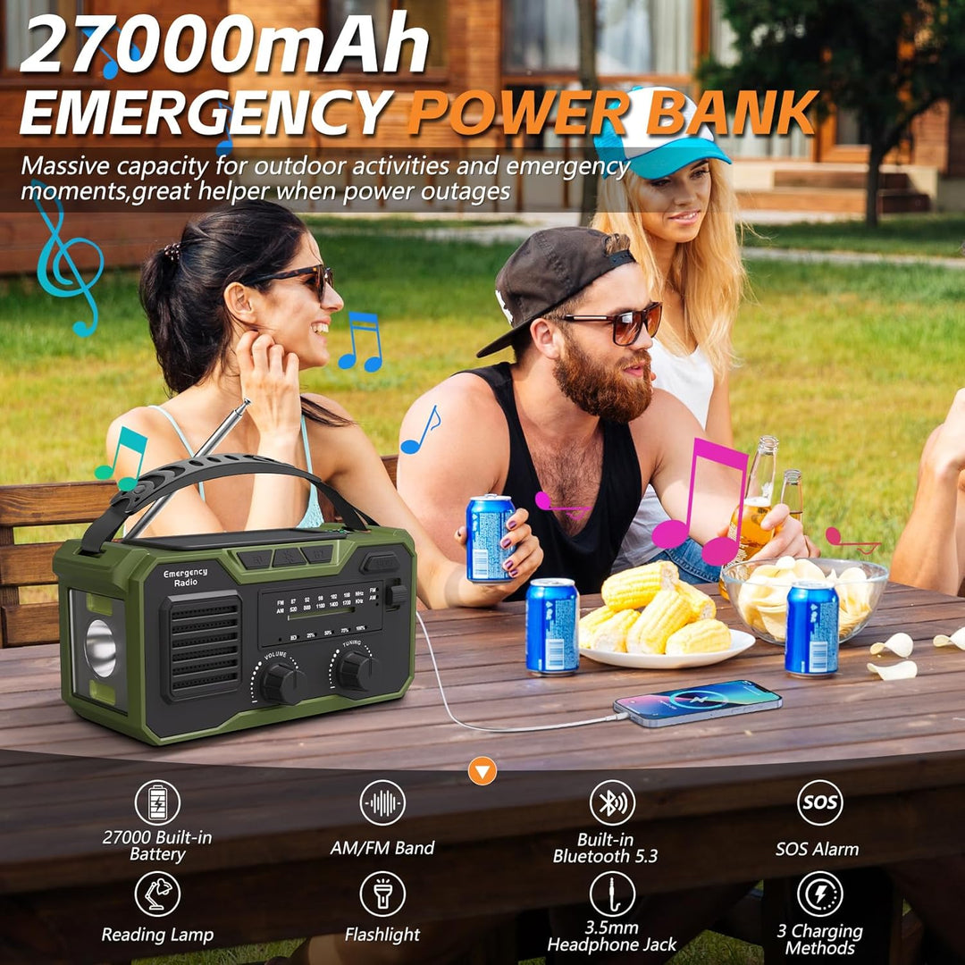 27000mAh Kurbelradio Notfall,Notfallradio Solar Kurbel FM/AM Mit Bluetooth 5.3, Emergency Radio SOS-