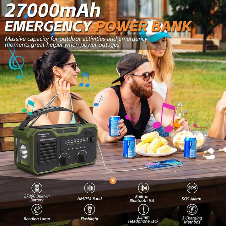 27000mAh Kurbelradio Notfall,Notfallradio Solar Kurbel FM/AM Mit Bluetooth 5.3, Emergency Radio SOS-