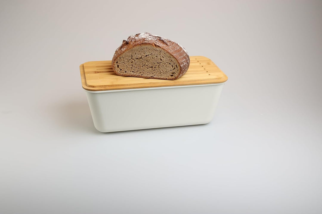 MOON HOME Brotkasten - Airlock White, mit vielseitigem Deckel aus Bambus/Holz als Brotschneidebrett,