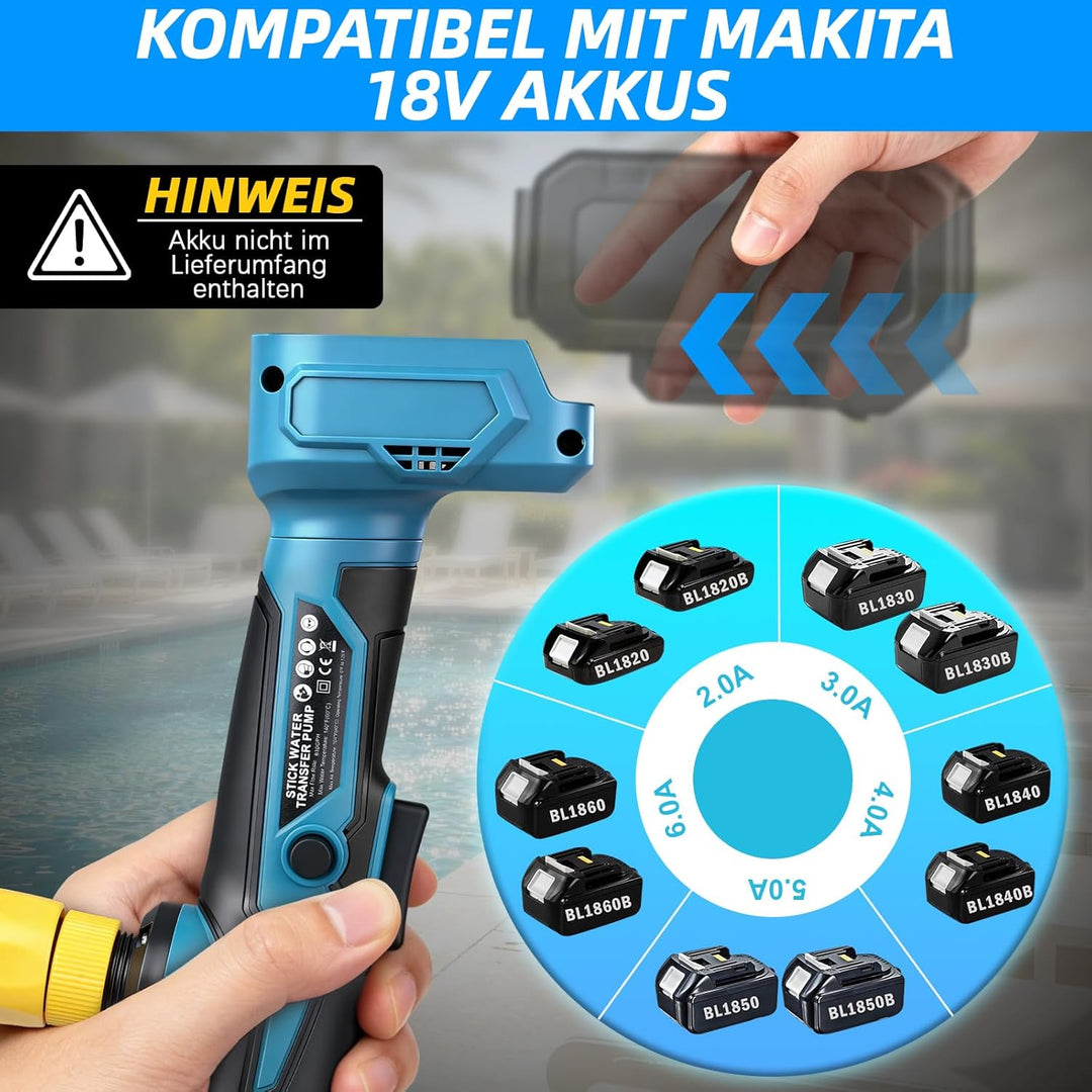 Akku Regenfasspumpe Kompatibel mit Makita 18V, Max. 3000 L/h, 6m Förderhöhe | Kabellose Wasserpumpe