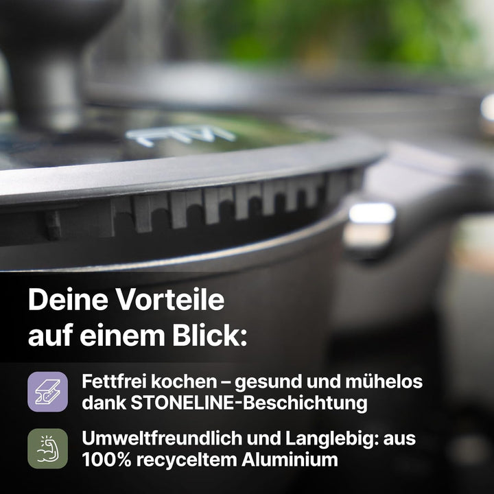 FIVI GUIDO Kochtopf 20 cm – 2,6l | Induktion geeignet | 100% recyceltes Aluminium | Glasdeckel mit S