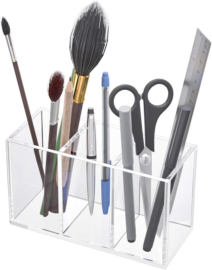 NIUBEE Stiftehalter aus Acryl, 3 Fächer, transparenter Stiftehalter für Arbeitsplatte, Schreibtisch,
