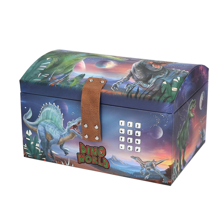 Depesche 13441 Dino World - Schatztruhe im Dino Design mit Planeten, Aufbewahrungsbox mit Code, Soun