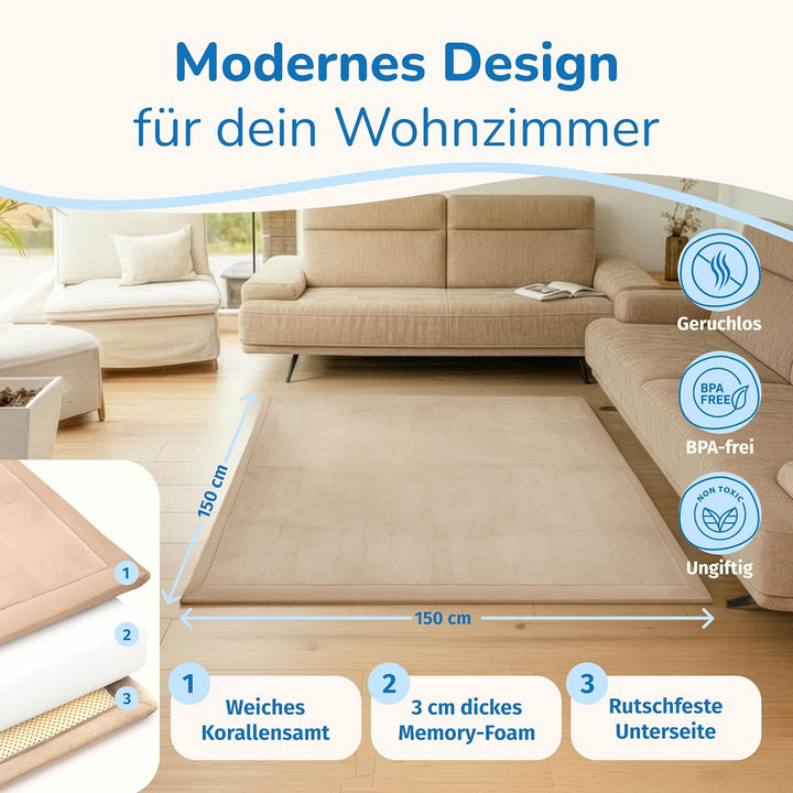 BabybeFun Krabbelmatte Baby [Extra Weich] 3cm Dicke Spielmatte [hochwertiger Memory-Schaum] Krabbeld