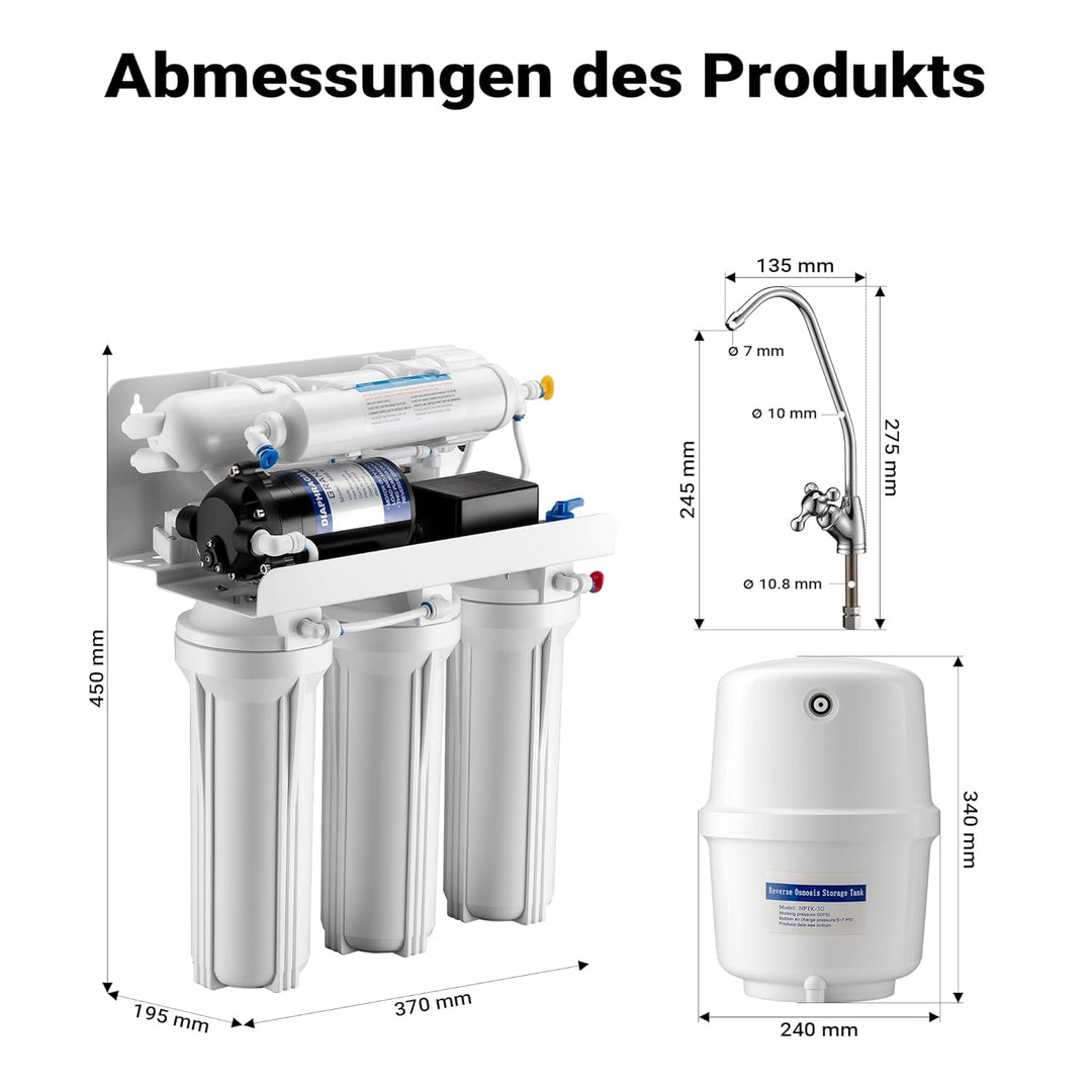 Naturewater 5 Stufen Umkehrosmose RO 180 L/Tag mit Druckerhöhungspumpe und manuellem Ventil