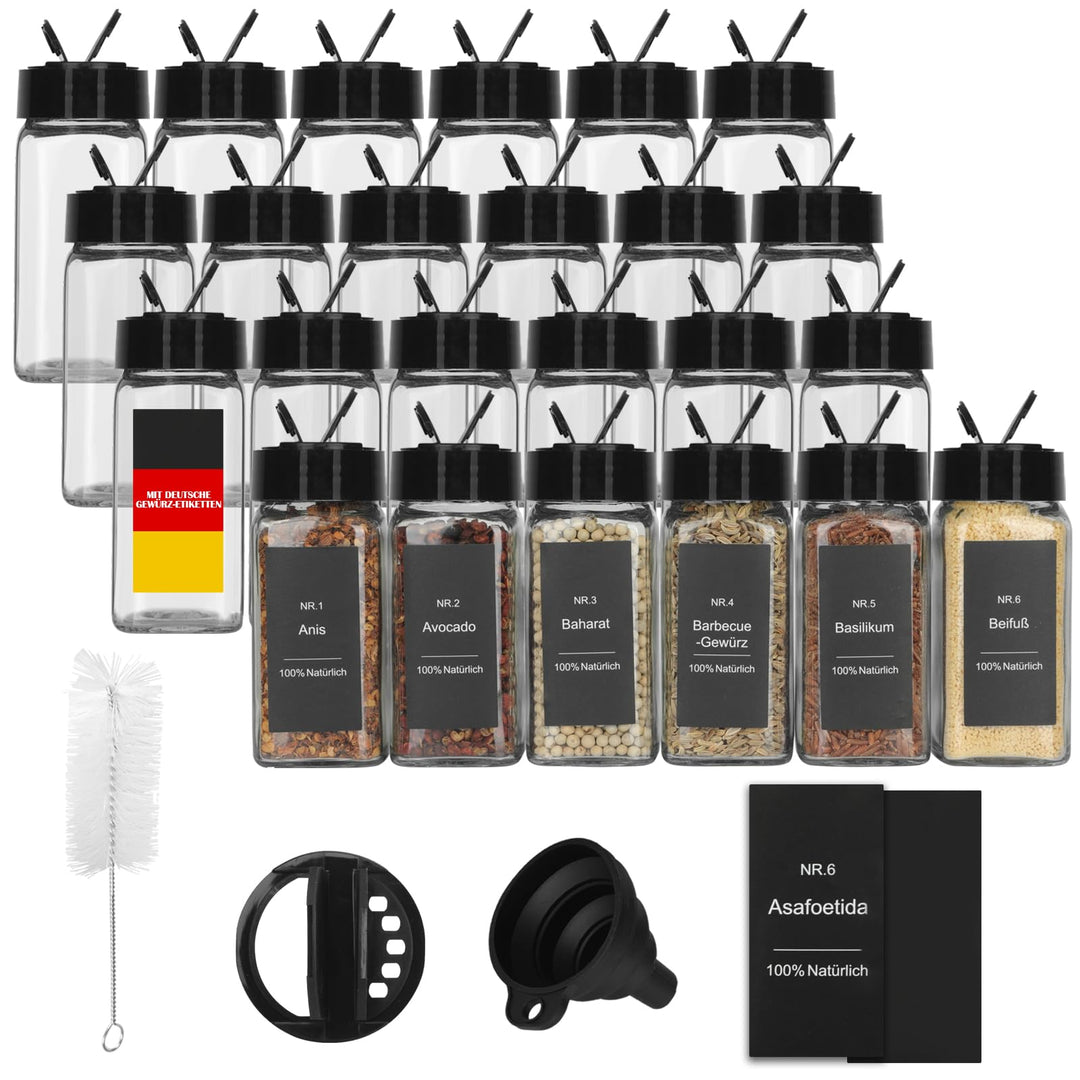 Withosent 24er Gewürzgläser Doppelkopf Schwarz Deckel, 120ml Gewürzdosen Glas Gewürzstreuer mit 144