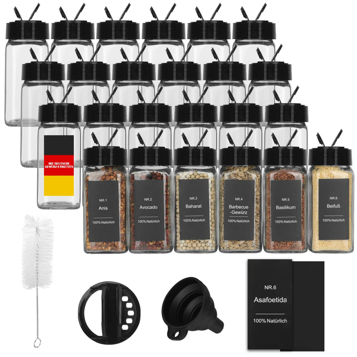Withosent 24er Gewürzgläser Doppelkopf Schwarz Deckel, 120ml Gewürzdosen Glas Gewürzstreuer mit 144