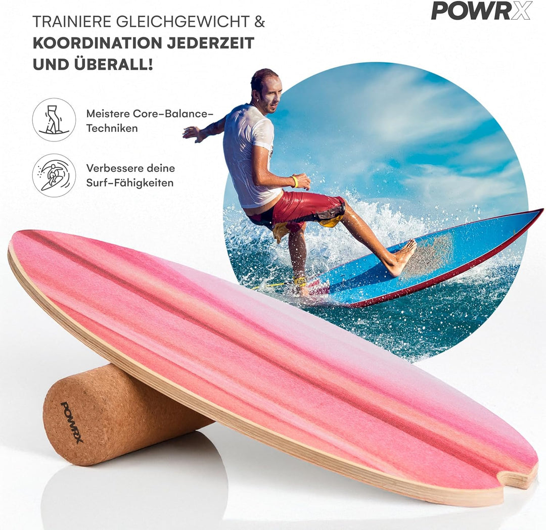 POWRX Surf Balance Board Holz/Balance Skateboard inkl. Rolle | Koordinationstraining für Surfbrett,