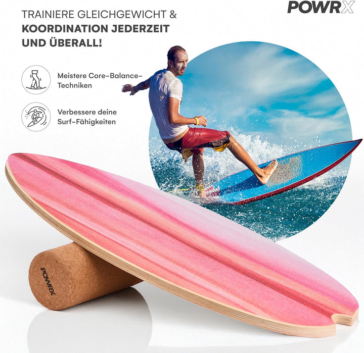 POWRX Surf Balance Board Holz/Balance Skateboard inkl. Rolle | Koordinationstraining für Surfbrett,