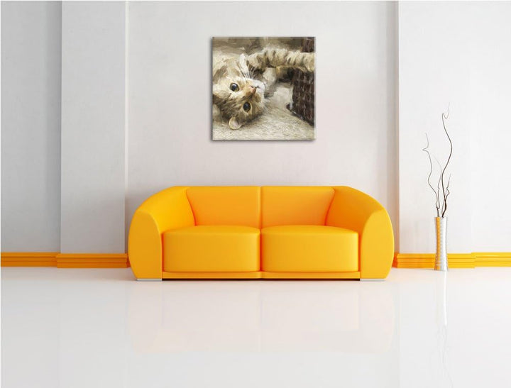 Pixxprint Katze streckt Sich als Leinwandbild Quadratisch/Grösse: 70x70 / Wandbild/Kunstdruck/fertig