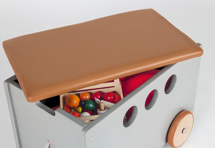 PINOLINO Spielzeugkiste Jim, aus Holz und Kunstleder, mit Zugschnur, gummierten Holzrädern und abneh