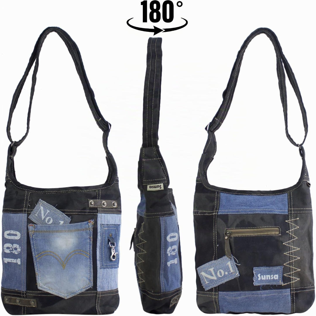 Sunsa Damen Umhängetasche aus Recycelte Jeans Canvas &amp; Leder. Hobo Tasche schwarz/blau