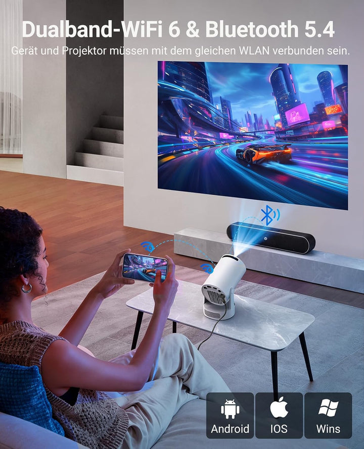Mini Beamer Unterstützt 4K 1080P, Tragbarer Projektor mit 5G WiFi 6 und BT 5.4, Mini Projektor mit A