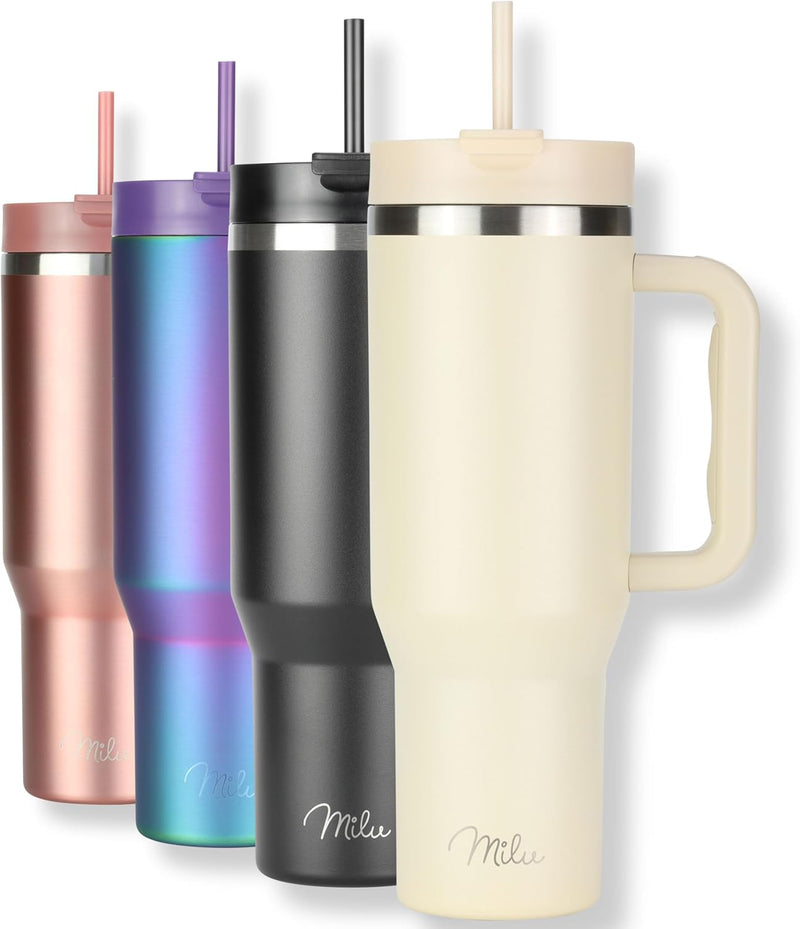 Milu Thermobecher 1200ml mit Strohhalm und Henkel – 48h Eis/24h kalt/12h heiss Edelstahl Tumbler 40o