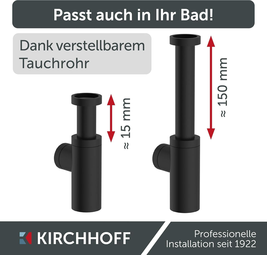 KIRCHHOFF Design Siphon, Matt Schwarzer Abfluss, Ablaufgarnitur für Waschbecken und Waschtisch, Geru