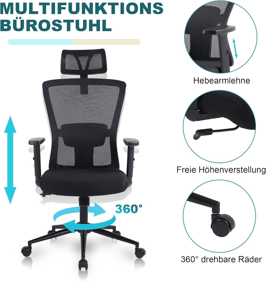 Youhauchair Bürostuhl Ergonomisch, Schreibtischstuhl mit Verstellbarer Kopfstütze und Armlehnen, Off