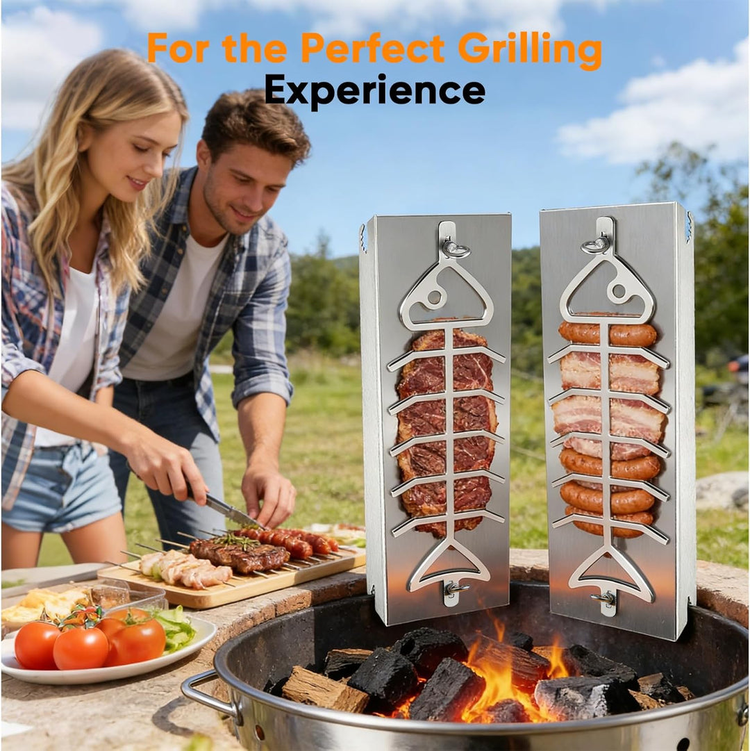 Flammlachsbrett Edelstahl 2er Set für Feuerschale & Kugelgrill – 56cm Langes Flammlachsbretter mit 1