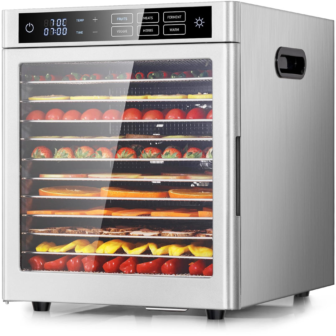 Kwasyo Dörrautomat 12 Etagen Edelstahl, 6 Voreinstellungen für Früchte, Gemüse, Fleisch, Blumen, 85°