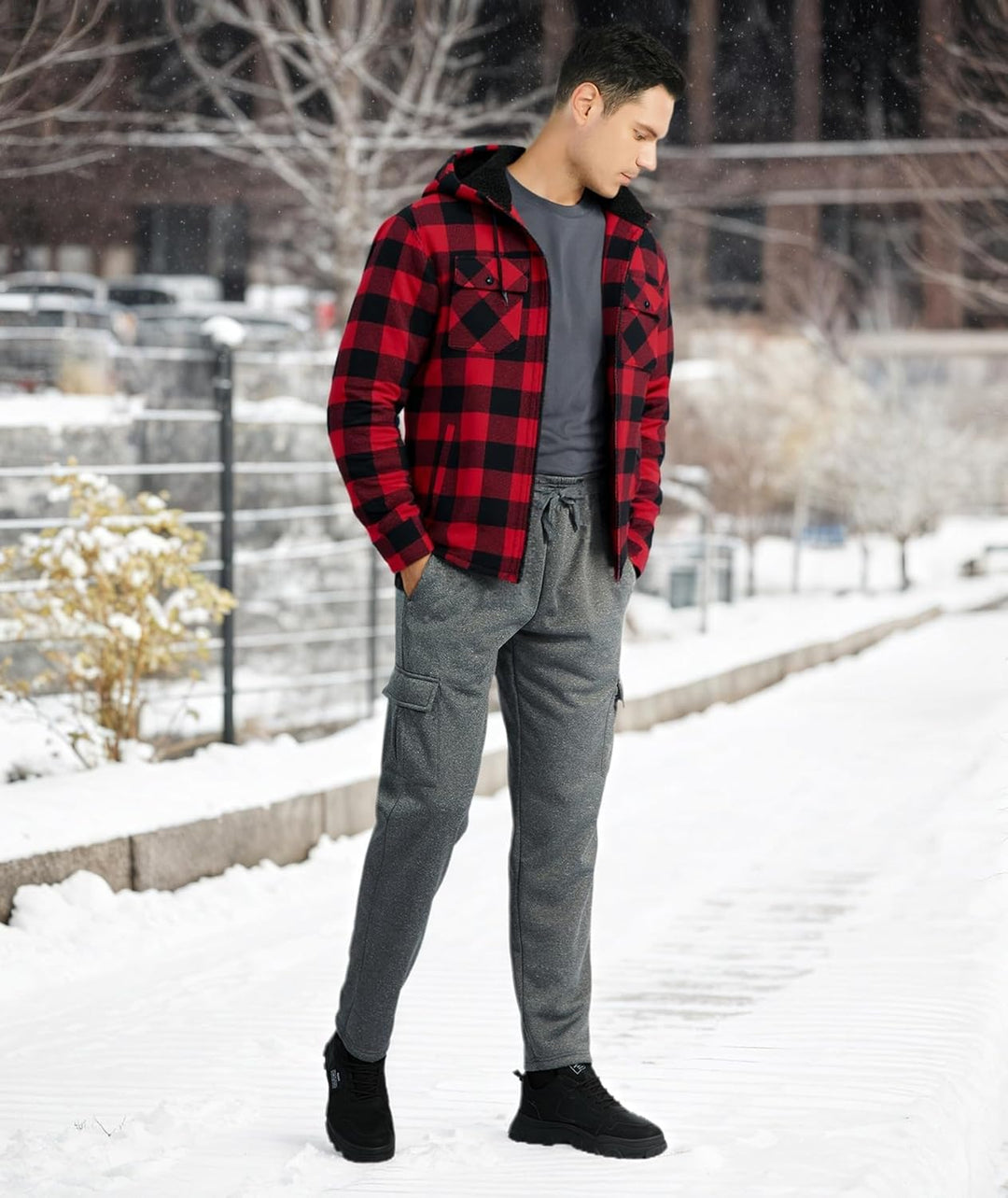JACKETOWN Hemdjacke Kariertes Herren hoodies Flanelljacke Warm Thermohemd Herren Holzfäller Jacke Ve