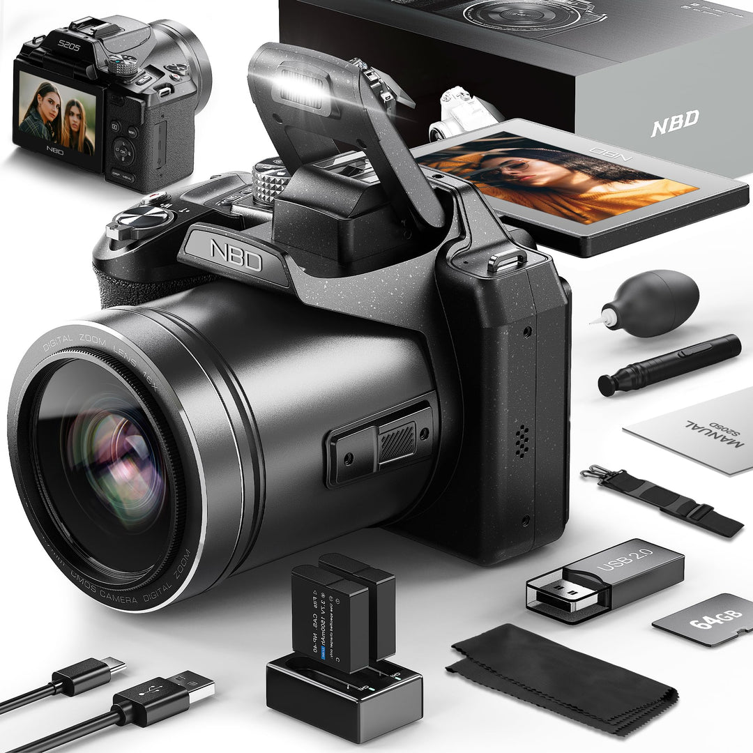 Camera QCY 64MP Digitalkamera Fotokamera und Video, 5K Vlog Kamera mit 3'' Flip Screen, 16X Digitalz