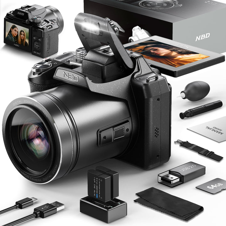 Camera QCY 64MP Digitalkamera Fotokamera und Video, 5K Vlog Kamera mit 3'' Flip Screen, 16X Digitalz