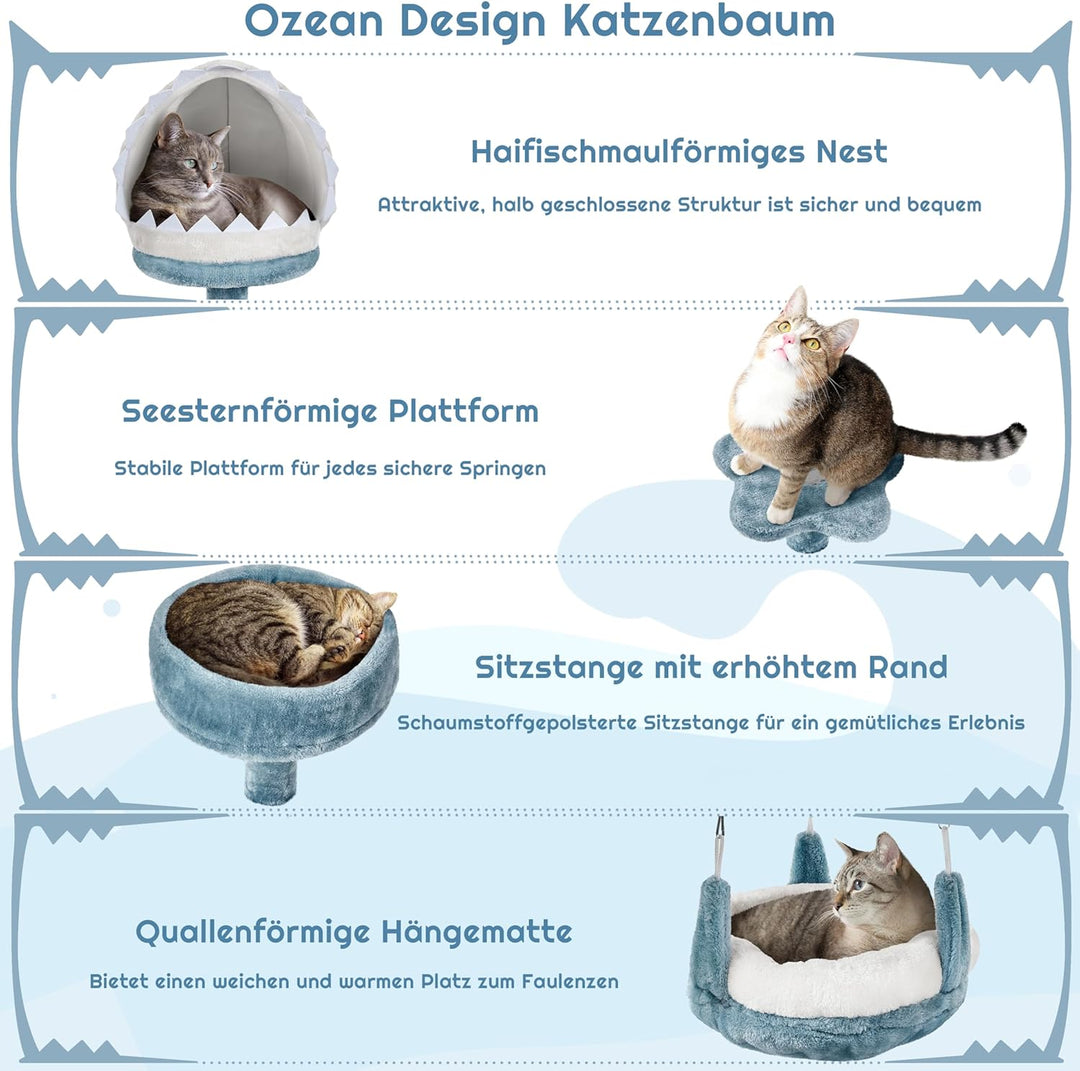 Yaheetech Meer Kratzbaum gross, Moderner Ozean Design Katzenbaum, mit Haifischmaul-Plattform Hängema