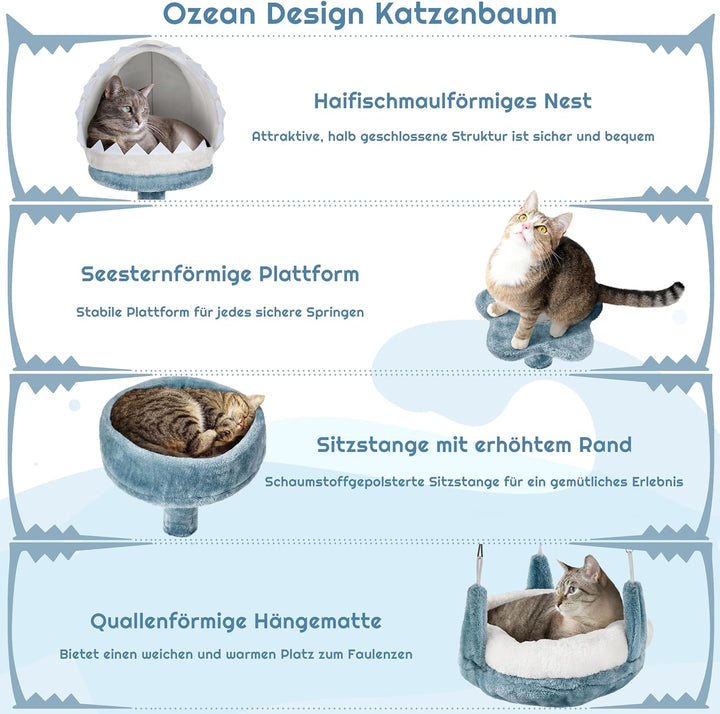 Yaheetech Meer Kratzbaum gross, Moderner Ozean Design Katzenbaum, mit Haifischmaul-Plattform Hängema