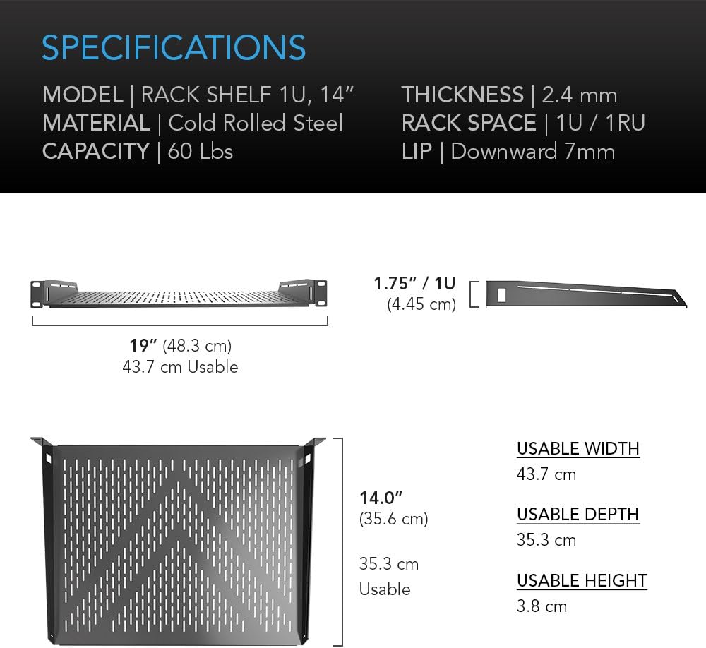 AC Infinity Universalregal mit Belüftungsöffnung, 1U, 35,6 cm tief, für 48,3 cm grosse Geräteregale,