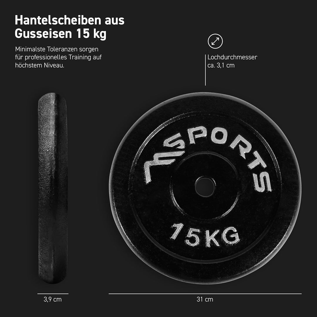 MSPORTS Hantelscheiben Paar Professional aus 100% Gusseisen 5-30 kg Hantel 2 x 15 kg - Schwarz, 2 x