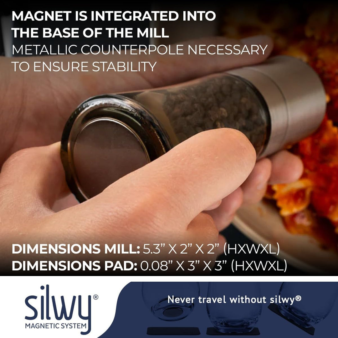 silwy® Gewürzmühlen mit Magneten 2er Set mit verstellbarem Keramikmahlwerk inkl. 2 Metall-Nano-Gel-P