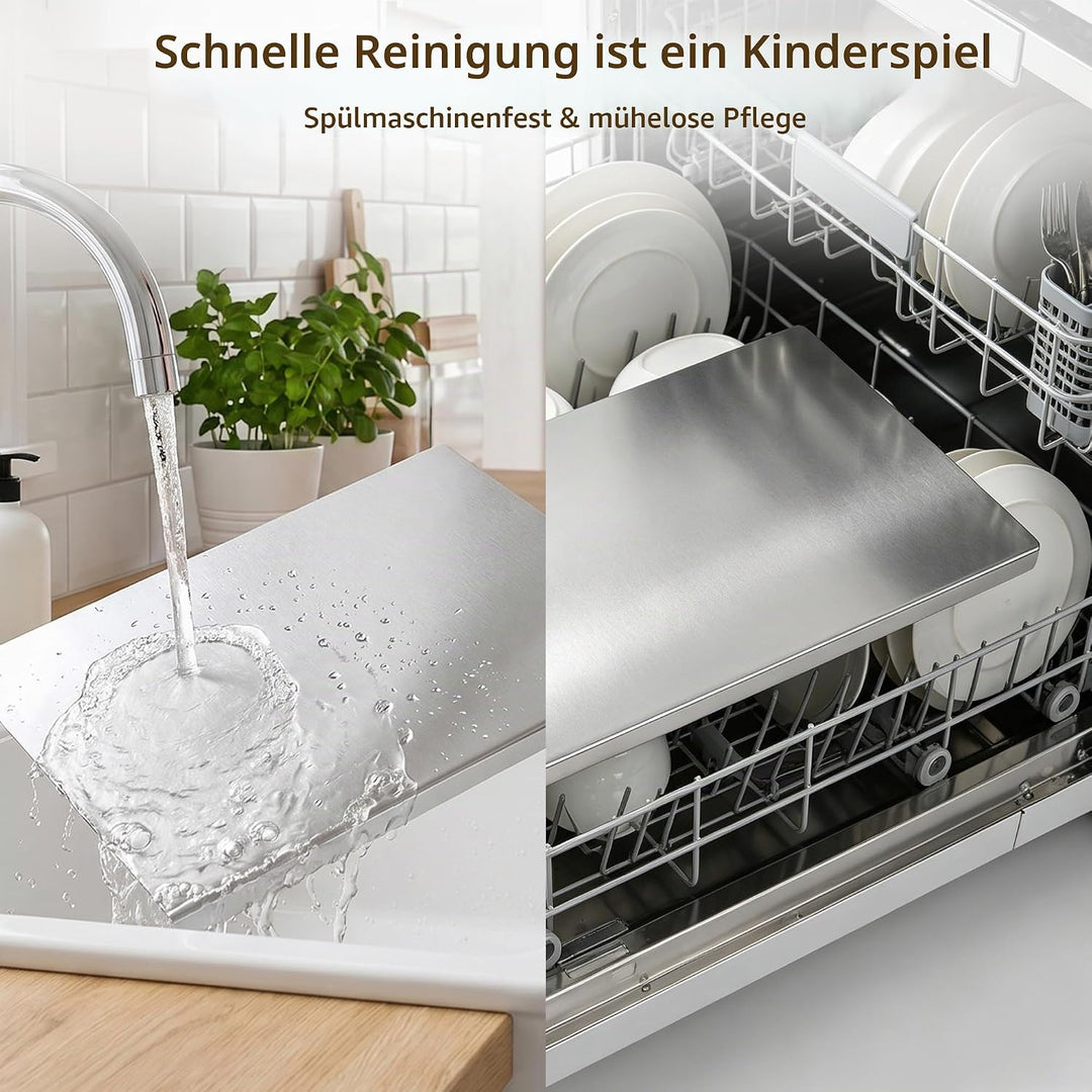 Edelstahl Schneidebrett mit Anschlagkante, Küchenbrett 40 x 30 cm zum Teigkneten, Fleisch, Gemüse un