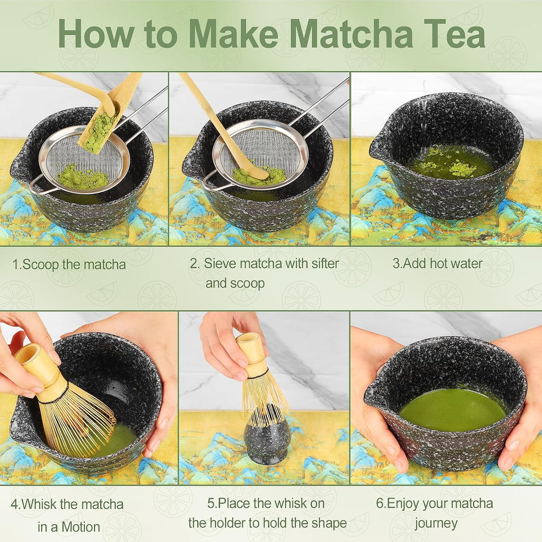 HuiJuKeJi 7 Stück Matcha Tee Set Set mit Besen, Filter, Schale und Löffel (Black), Black