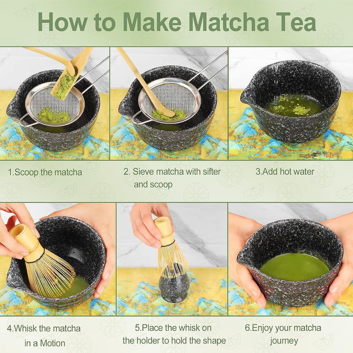 HuiJuKeJi 7 Stück Matcha Tee Set Set mit Besen, Filter, Schale und Löffel (Black), Black