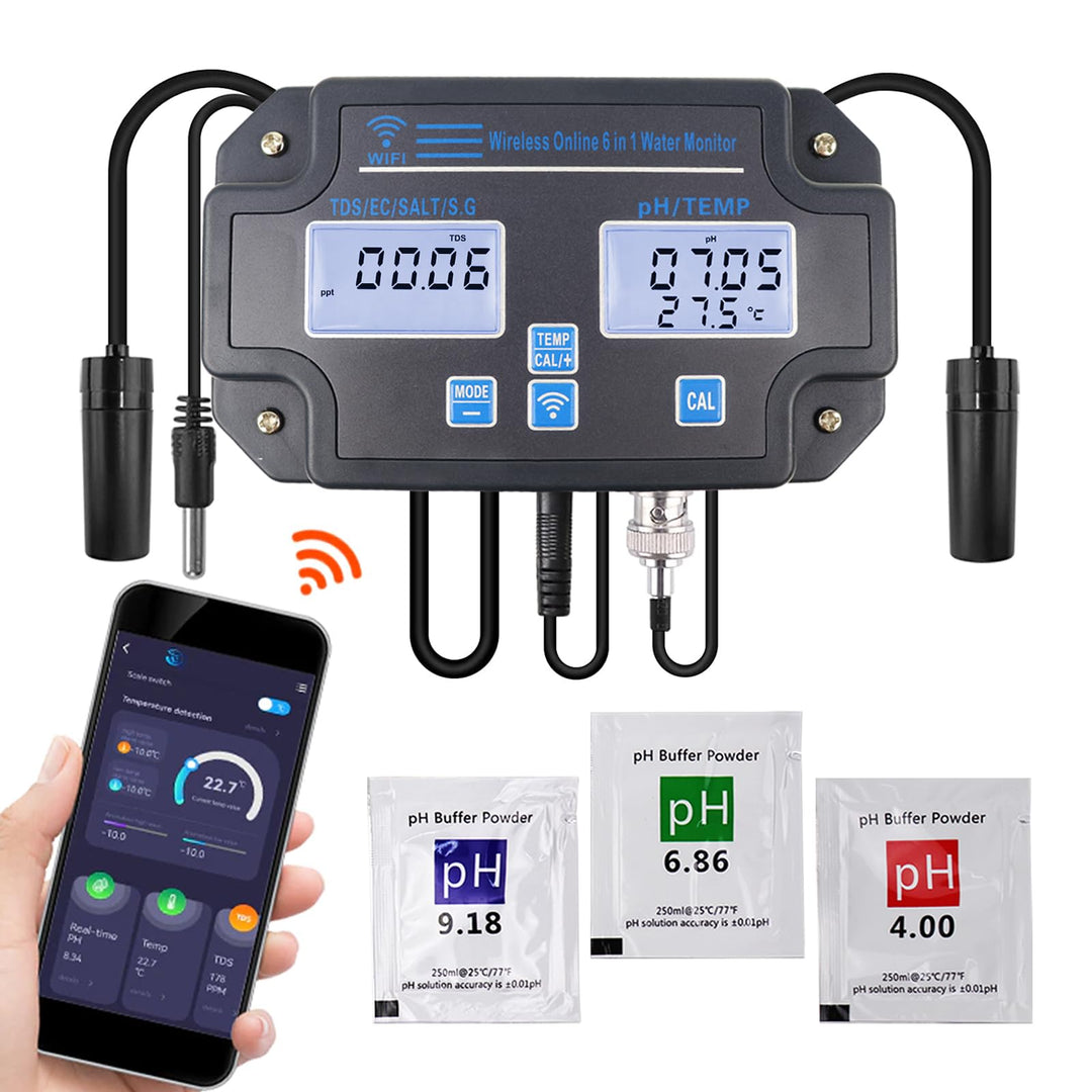 WLAN-Wasserqualitätstester, 6-in-1-pH-Monitor, misst pH/EC/TDS/Salzgehalt/spezifisches Gewicht und T
