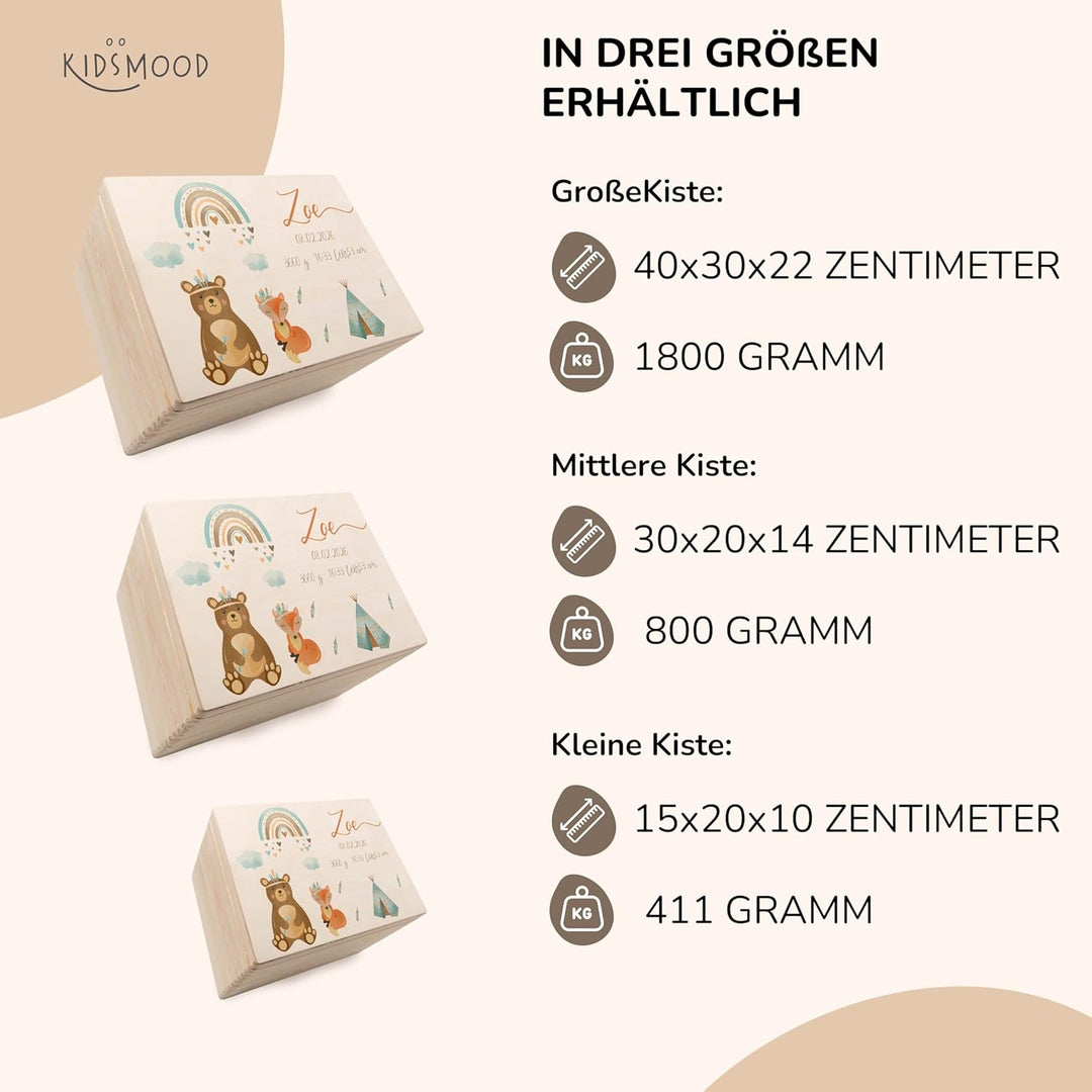 KIDSMOOD - Erinnerungsbox Baby, personalisierte Holzkiste mit Deckel, Ideal zur Aufbewahrung von Eri