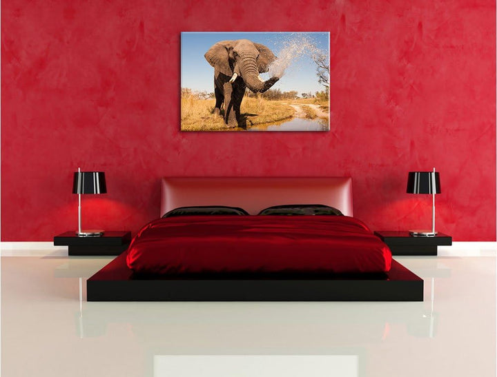 Pixxprint schöner Elefant spritzt mit Wasser als Leinwandbild/Grösse: 120x80 cm/Wandbild/Kunstdruck/