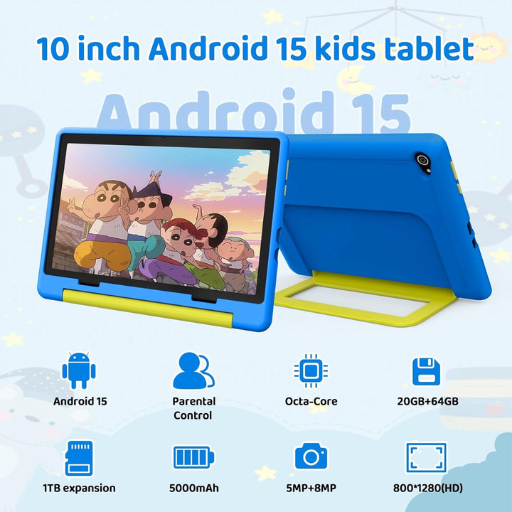Tablet Kinder 10 Zoll Android 14 HD-Display 1280 x 800 Akku 5000 mAh 8 + 64 GB erweiterbar auf 1TB D