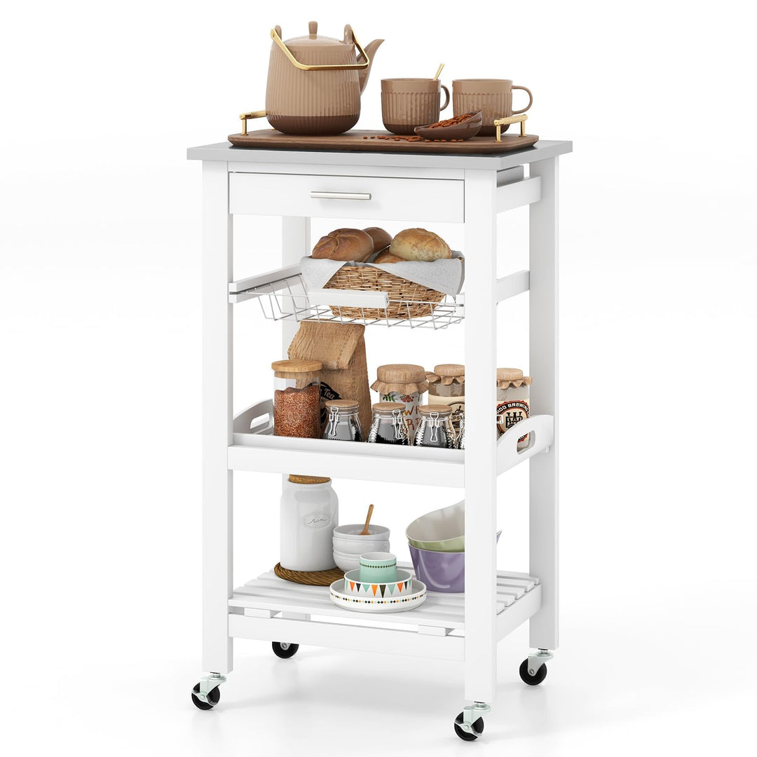 KOMFOTTEU Servierwagen mit Edelstahl Arbeitsplatte, Küchenwagen Klein, Rollwagen mit Schublade & Abl