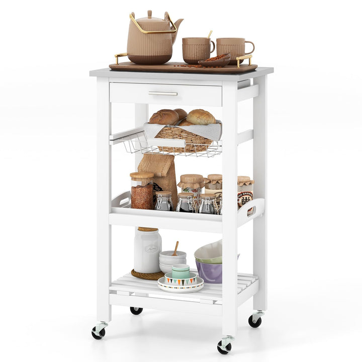 KOMFOTTEU Servierwagen mit Edelstahl Arbeitsplatte, Küchenwagen Klein, Rollwagen mit Schublade & Abl