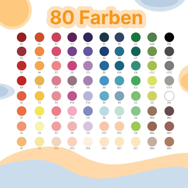 Acrylstifte, 80 Farben, Wasserfest & Schnelltrocknend, 1–6 mm Dual Tip (Feinspitze & Pinselspitze),