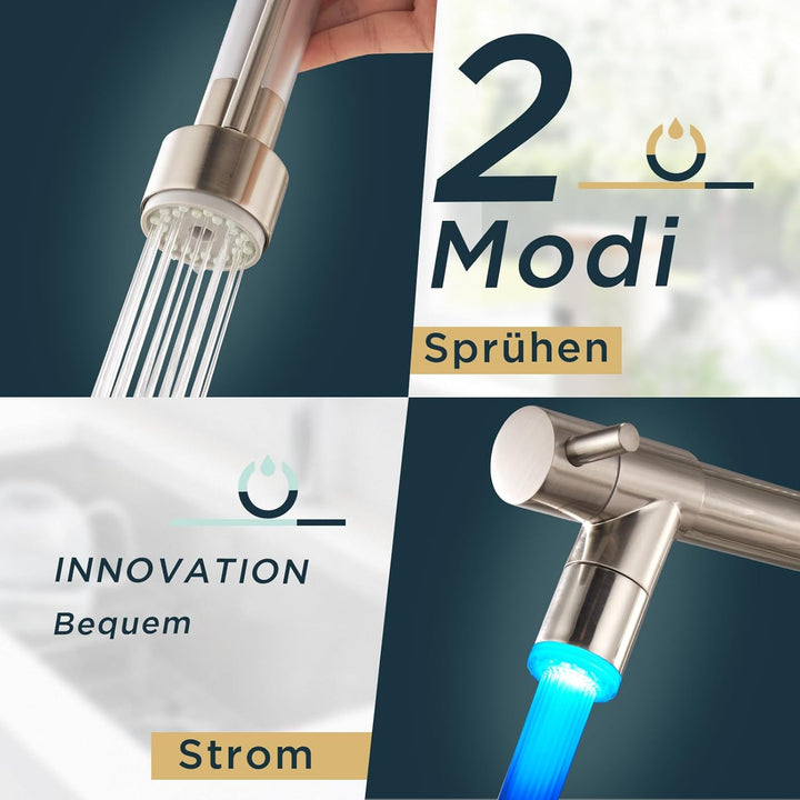 FORIOUS Wasserhahn Küche, Edelstahl-Küchenarmatur mit LED, Spülarmaturen Küche, Zweigriff-Mischbatte