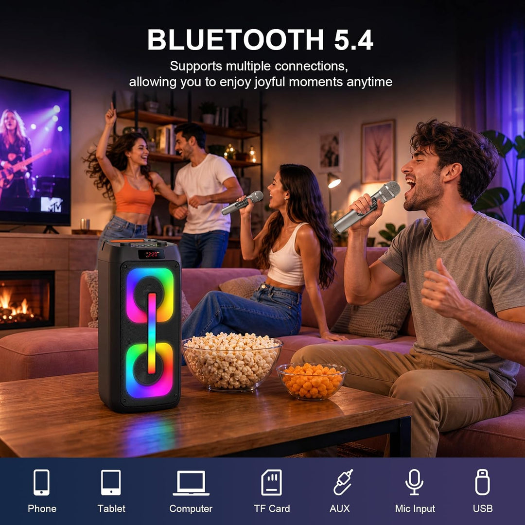 Karaoke Maschine mit 2 mikrofonen,tragbarer Bluetooth Karaoke Anlage mit LED Lichtern,PA System,idea