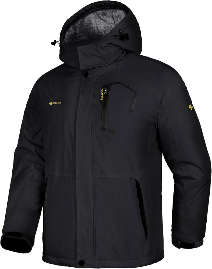GEMYSE Herren Wasserdichte Berg-Skijacke Winddichte Fleece Outdoor-Winterjacke mit Kapuze S Schwarz,